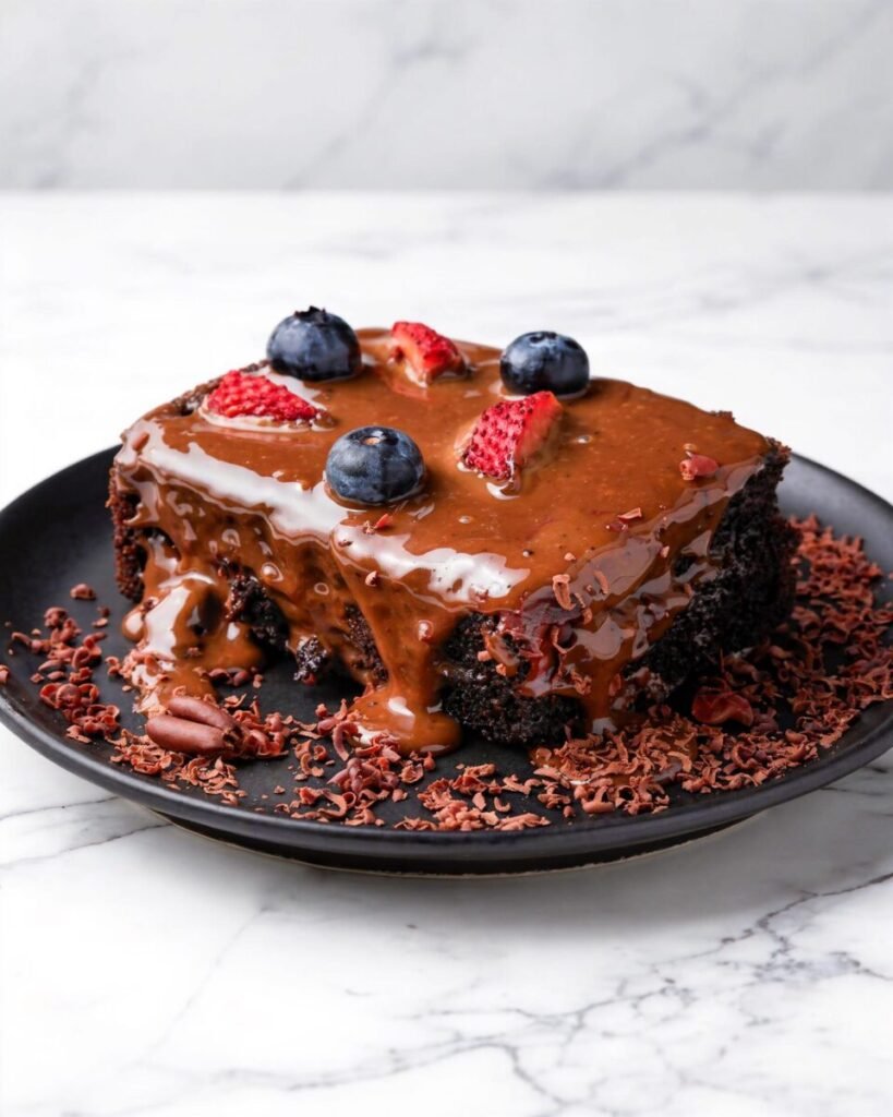 Rich chocolate cake topped with blueberries and strawberries on a marble background.
