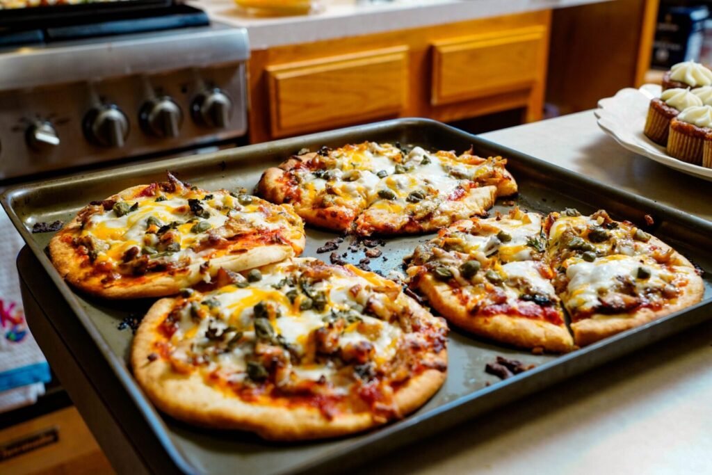 Freshly baked pizzas with melted cheese on a kitchen counter, ideal for foodies.
